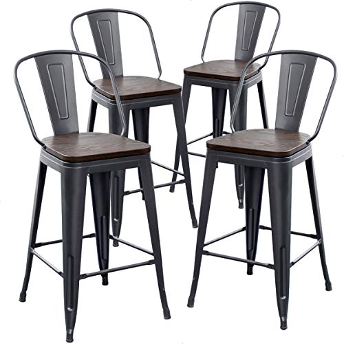 Aklaus 26″ Bar Stools Set of 4,Counter Height Bar Stools with Larger Seat,Bar Stools with Back,Black Metal Bar Stools with Removable Back,Farmhouse Barstools,High Back Kitchen Bar Stool Chair