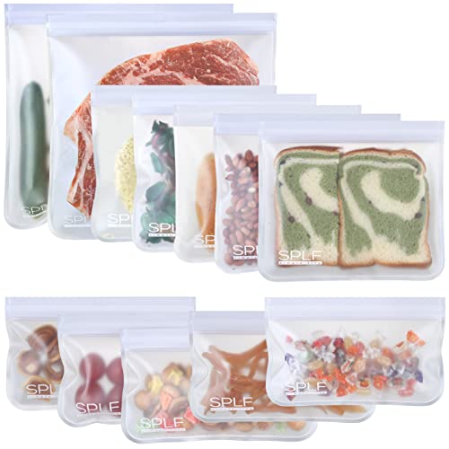 SPLF 12 Pack Dishwasher Safe Reusable Storage Bags (5 Sandwich Bags, 5 Snack Bags, 2 Gallon Bags), BPA Free Freezer Safe Leakproof Silicone and Plastic Free Lunch Bags Food Storage