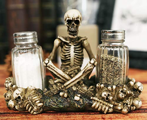 Ebros Gothic Day Of The Dead Graveyard Garnish Meditating Skeleton Seated On Graveyard Of Bones And Skulls Salt & Pepper Shakers Holder Figurine Set 6.5″ Wide Fantasy Kitchen Decor Statue
