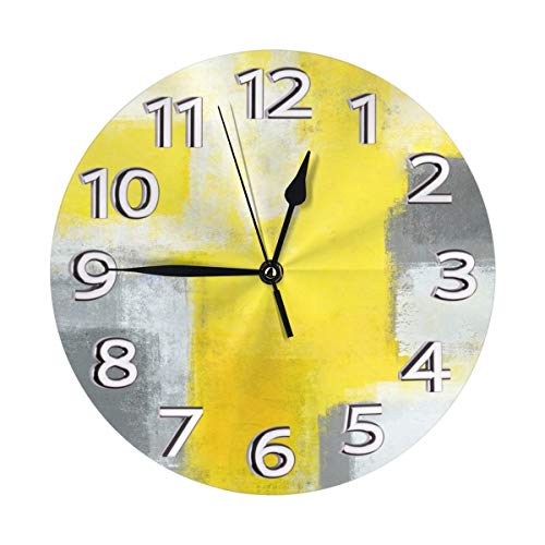 AMZBSR Grey and Yellow Abstract Art Painting White Wall Clock, Silent Non-Ticking Quality Quartz Battery Operated Wall Clock – 10 Inch Round Easy to Read Decorative for Home Office School
