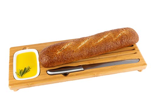 BAMBOO LAND NEW Sweep Off BAMBOO Baguette Board, bread/loaf cake cutting board with bread crumb catcher, ceramic Dipping Dish/Olive Oil Dis large BREAD KNIFE, home gift HOUSEWARMING