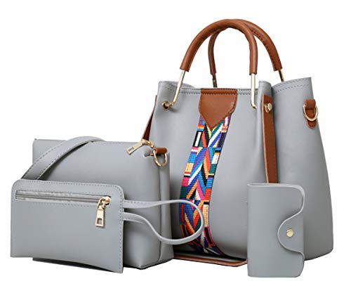 Rullar Women Handbag Set 4 in 1 Top Handle Bag Soft PU Leather Tote Satchel Stitching Shoulder Clutch Bag Purse Wallet Grey