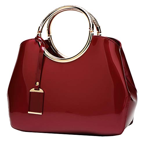 Rullar Women Elegant Handbag and Purse Top Handle Bag Patent Leather Tote Satchel Shoulder Clutch Crossbody Bag with Pendant Burgundy