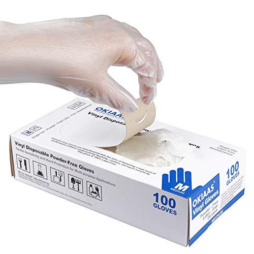 OKIAAS Disposable Gloves M, Food Safe| Latex-Free and Powder-Free Clear Vinyl Gloves for Cooking, Food Prep, Household Cleaning, Exam| Medium,100 Counts/Box