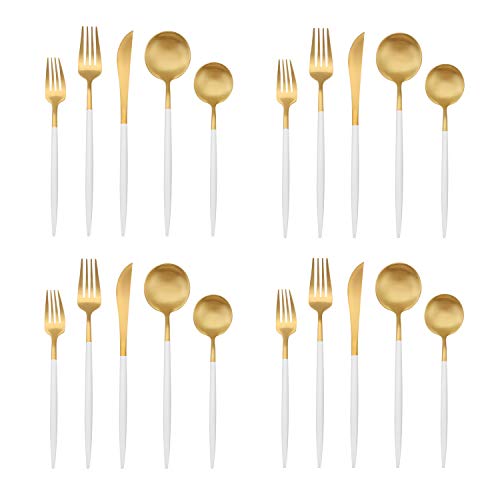 Matte Gold Silverware Set with white handle, Bysta 20-Piece Stainless Steel Flatware Set, Kitchen Utensil Set Service for 4, Tableware Cutlery Set for Home and Restaurant, Dishwasher Safe