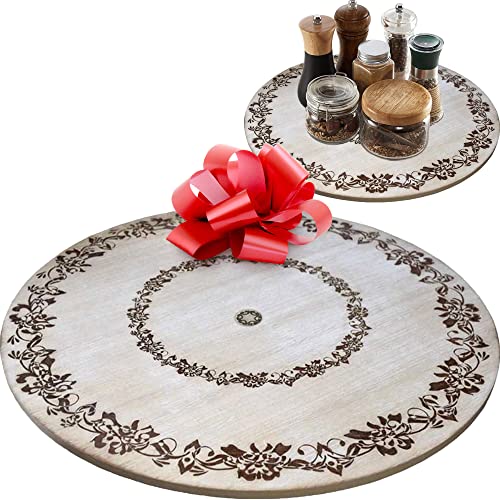 Lazy Susan Organizer Turntable, Low Profile 18” Round Beautiful White Washed Wood with Engraved Artistic Design – Great Gift for Dinner Table, Kitchen