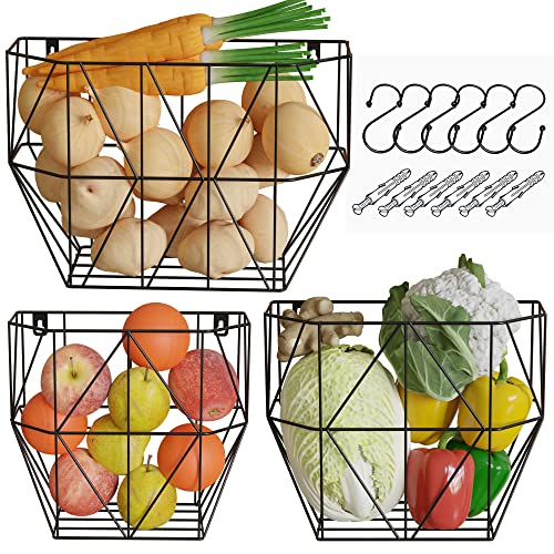 Wall Hanging Fruit Basket for Kitchen – Wall Mount Fruit Basket-Wire Basket with Hooks & Screws – Metal Wire Basket for Fruits & Vegetables Storage – Set of 3 – Black