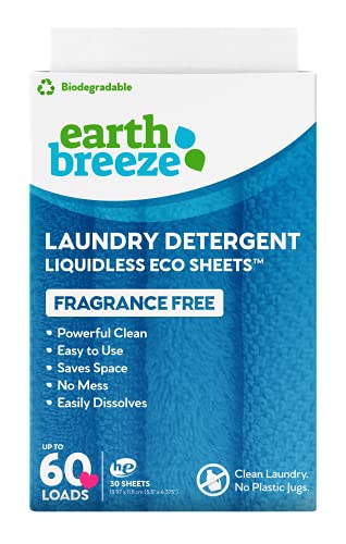 Earth Breeze Laundry Detergent Sheets – Fragrance Free – No Plastic Jug (60 Loads) 30 Sheets, Liquidless Technology