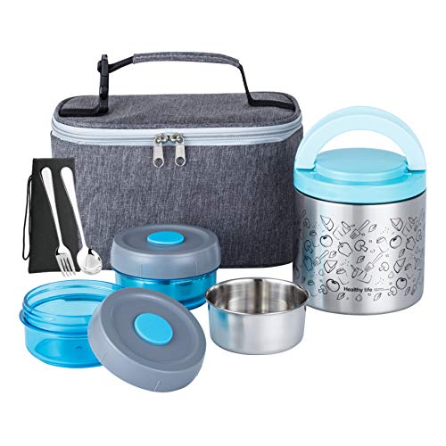 Lille Home Lunch Box Set, An Vacuum Insulated Bento/Snack Box Keeping Food Warm for 4-6 Hours, Two BPA-Free Food Containers, A Lunch Bag, A Portable Cutlery Set, Smart Diet, Weight Control (Blue)