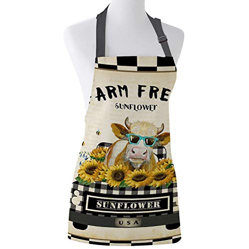 Kitchen Apron, Rereo Farm Buffalo Check Plaid Truck with Cow Sunflower Unisex Home Cooking Bib Aprons with Adjustable Neck for Baking Gardening BBQ, 15×20 Inch