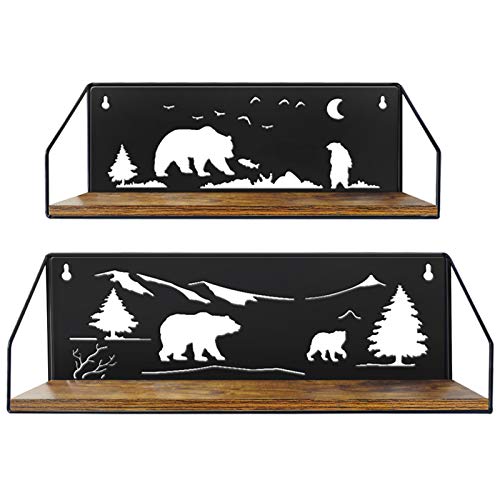 Giftgarden Floating Shelves for Wall with Unique Adorable Bears Cutouts, Rustic Wooden Iron Wall Shelf Decor for Bathroom Cabin Lodge Bedroom Kitchen Living Room Nursery, Black, Set of 2