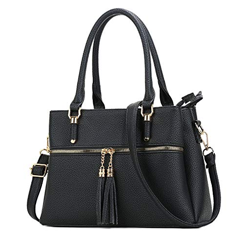 KKXIU Triple Compartment Purses and Handbags for Women Top Handle Satchel Shoulder Ladies Bags with Tassel (D-BLACK)