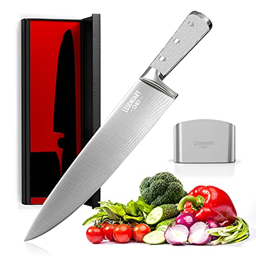 8 Inch Chef Knife – High Carbon German Steel Professional Kitchen Knife – Silver Handle – Includes Finger Guard and Box