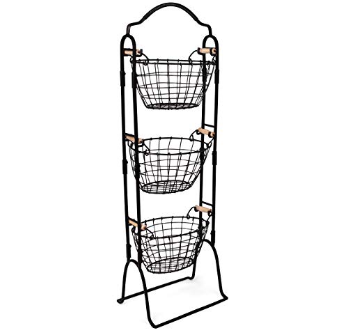 BirdRock Home 3-Tier Wire Basket Stand with Removable Baskets – Kitchen Organizer – Fruit Vegetable Produce Metal Hanging Storage Bin for Pantry Bathroom Kitchen – Free-Standing Display Organizer