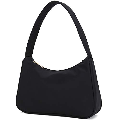 YIKOEE Small Nylon Shoulder Bags for Women Elegant Feminine Mini Handbags with Zipper Closure (Black)
