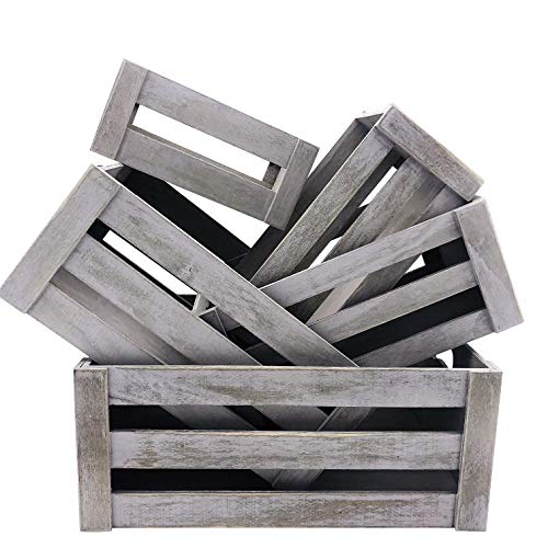 KMwares Set of 5 Vintage Rustic White Grey Wood Decorative Nesting Storage Crates with Open Handles – Multipurpose Wood Crafted Boxes/Bathroom Kitchen,Laundry Crates/Fruits & Vegetables Boxes
