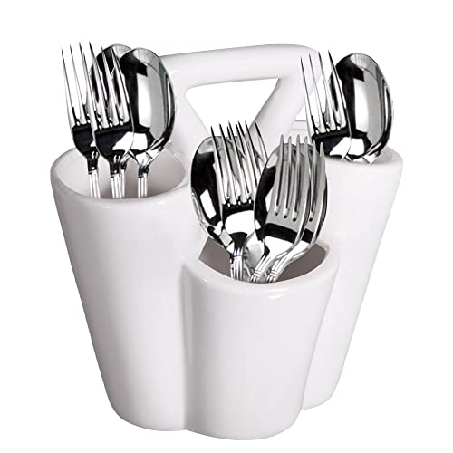 Farmhouse Decor 4 Section Ceramic Silverware Holder – Flatware and Cutlery Caddy – Kitchen Table Organizer (White)