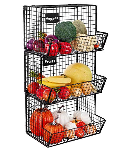 HBlife 3 Tier Metal Wire Baskets with Removable Chalkboards and Hooks, Large Capacity Wall Mounted Storage Bins Vegetable Storage Fruit Organizer for Kitchen, Bathroom, Garage