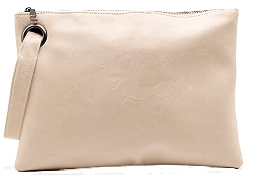 Amaze Womens Oversized Clutch Bag Large PU Leather Pouch Evening Handbags Envelope Purse with Wristlet Shoulder Lady (Beige)