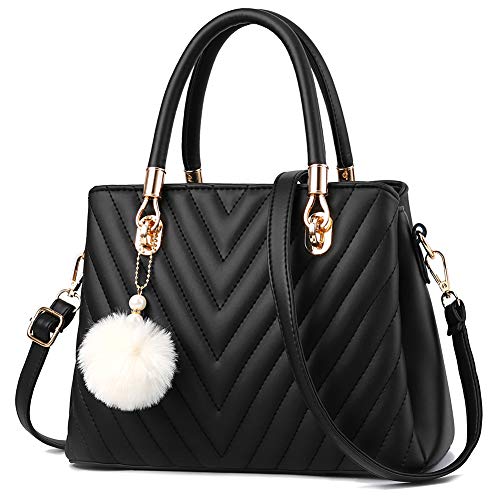 Womens Fashion Leather Handbags Quilted Purses Top-handle Totes Satchel Bag for Ladies Shoulder Bag for Girls with Pompom Black