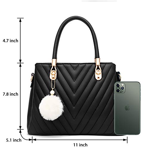 Womens Fashion Leather Handbags Quilted Purses Top-handle Totes Satchel Bag for Ladies Shoulder Bag for Girls with Pompom Black | The Storepaperoomates Retail Market - Fast Affordable Shopping