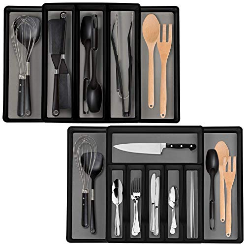 Eltow Expandable In Drawer Cutlery Organizer & Utensil Tray Set – 2 Kitchen Storage Trays For Flatware, Silverware, Cooking Utensils & More- Multipurpose Organizer For Kitchen & Office Supplies -Black