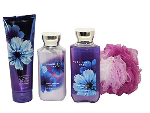 Bath & Body Works Signature Collection Moonlight Path Gift Set – Bundle – 4 items: Ultra Shea Cream, Body Lotion, Shower Gel, and Shower Sponge
