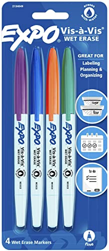 EXPO Vis-A-Vis Wet-Erase Overhead Transparency Markers, Fine Point, Assorted Fashion Colors, 4-Count