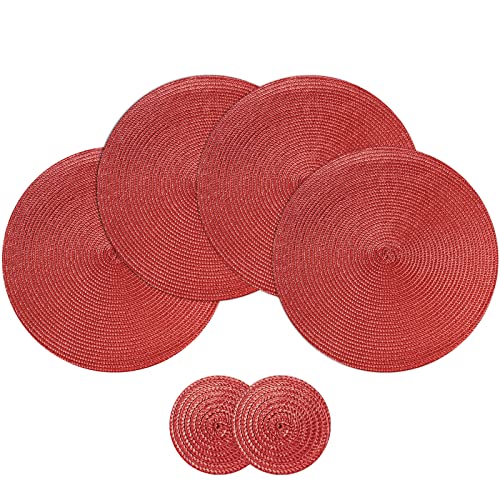 POQGLFT Round Braided Placemats Set of 4 Table Mats for Kitchen Tables Woven Washable Non-Slip Place Mats 16 Inch for Parties (Dark Red, 4)