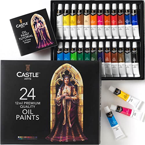 Castle Art Supplies 24 x 12ml Oil Paint Set | Great Value Set for Adult Artists, Beginners and Advanced | Vibrant Variety of Smooth-to-use Colors | In Impressive Presentation Box With Tutorial
