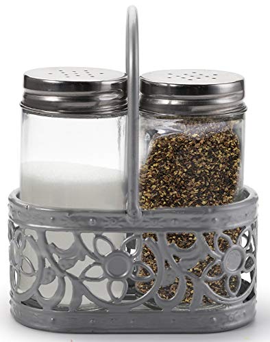 Yesland Farmhouse Salt and Pepper Shakers with Caddy Set, Galvanized Metal and Glass Shakers for Rustic Vintage Restaurant, Kitchen Table, Home Weddings Decor