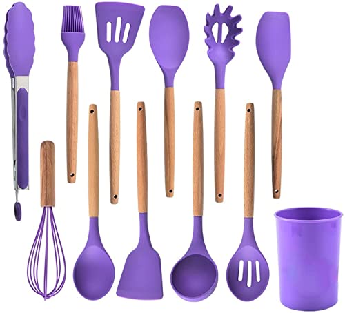 12pcs Silicone Cooking Kitchen Utensil Set with Holder – Wooden Handles Silicone Kitchen Gadgets, Heat Resistan Kitchen Tools BPA-Free for Nonstick Cookware