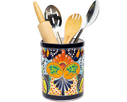 Enchanted Talavera Ceramic Large Utensil Holder Spatula Crock Kitchen Counter Organizer Mexican Pottery Utensils Tools Caddy Spoon Rest White Ceramic (Multi Color Large (7.5″H x 6″W)