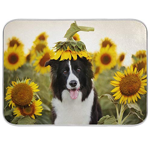 Dog Yellow Sunflowers Dish Drying Mat 18 X 24 Inch Flowers Floral Blossom Field Dry Dishes Pads Drainer Mats Tableware Protector for Kitchen Countertops Counter Home Decorations