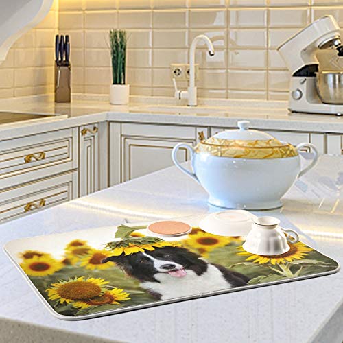 Dog Yellow Sunflowers Dish Drying Mat 18 X 24 Inch Flowers Floral Blossom Field Dry Dishes Pads Drainer Mats Tableware Protector for Kitchen Countertops Counter Home Decorations | The Storepaperoomates Retail Market - Fast Affordable Shopping