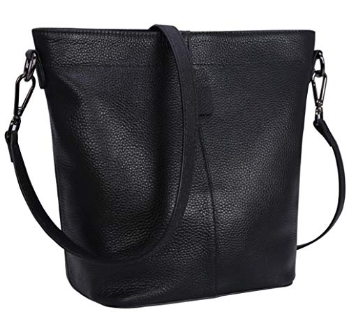 Iswee Women Genuine Leather Handbags Tote Bag Crossbody Shoulder Bag Bucket Bag (Black-Leather)