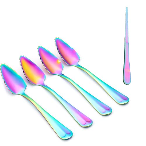 5PCS Rainbow Stainless Steel Grapefruit Spoons and Grapefruit Knife Perfect for Home and Kitchen (Rainbow)
