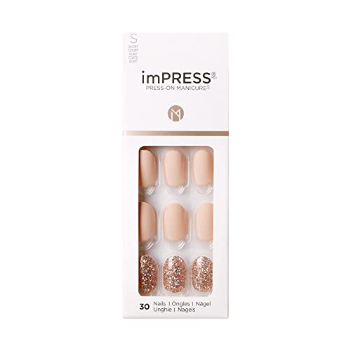 KISS imPRESS Press-On Manicure, Nail Kit, PureFit Technology, Short Press-On Nails, Evanesce, Includes Prep Pad, Mini File, Cuticle Stick, and 30 Fake Nails