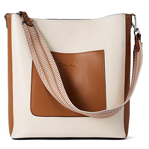 BOSTANTEN Handbags for Women Leather Designer Hobo Tote Purses Shoulder Bucket Crossbody Bags Beige with Brown