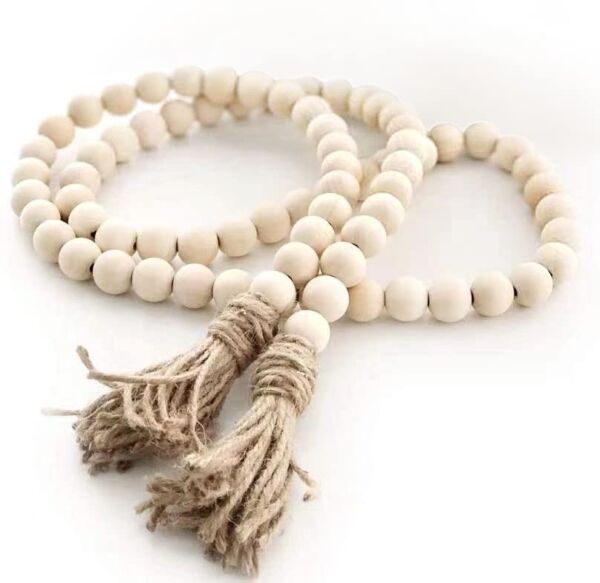58inch Wood Beads Garland with Tassel – Natural Prayer Wood String Beads Decorative Beads for Morden Farmhouse Boho Decor