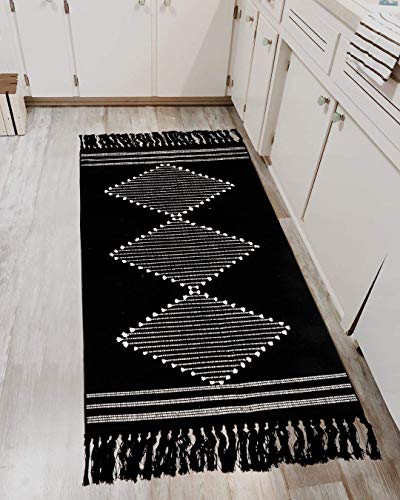 Boho Kitchen Rugs,2’x4.3′ Washable Black Bathroom Rug Runner, Cotton Woven Tassels Diamond Soft Indoor Mat Hallways Carpet for Laundry Entryway
