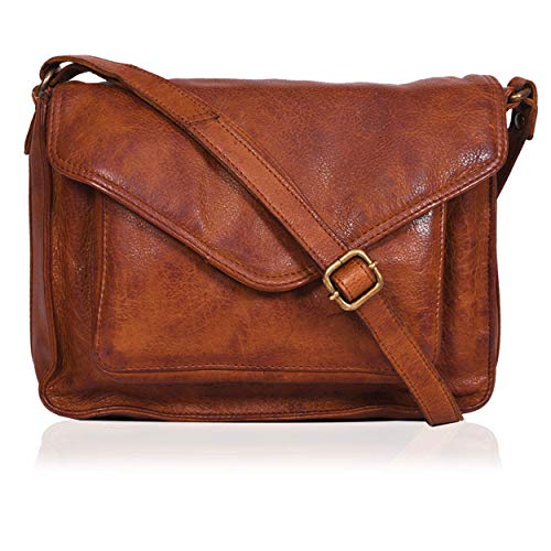 Genuine Leather Classic Flapover Crossbody Purse for Women Small Cute Tote/Bag (Tan Wash)