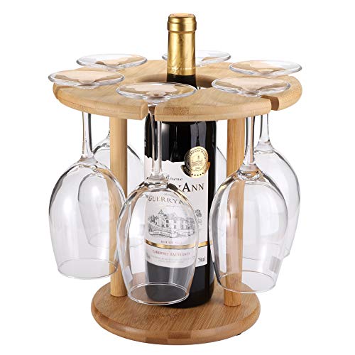 Cedilis Countertop Wine Glass Rack, Tabletop Bamboo Wine Bottle Holder, Wine Glasses Storage Stand, Holds 6 Glasses and 1 Bottle, Perfect for Home Kitchen Decor, Bar, Wine Cellar