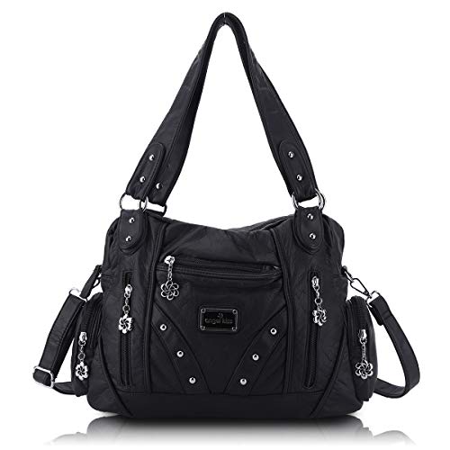 Angel Barcelo Roomy Fashion Hobo Womens Handbags Ladies Purses Satchel Shoulder Bags Tote Washed Leather Bag (Stylish Black)