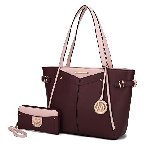 MKF Set Shoulder Bag for Women & Wristlet Wallet Purse: Top Handle Tote Satchel PU Leather Handbag Pocketbook Wine-Blush