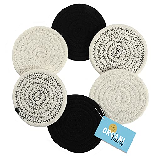 OrganiHaus Set of 6 Black and White Coasters | 4.3″ Farmhouse Boho Coasters for Coffee Table | Absorbent Coasters for Drinks | Coasters for Desk | Cute Aesthetic Woven Cup Coasters | Rustic Coasters