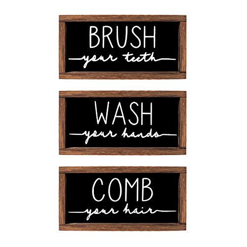 LIBWYS Bathroom Sign & Plaque (Set of 3) Wash Your Hands Brush Your Teeth Comb Your Hair Decorative Rustic Wood Farmhouse Bathroom Wall Decor (Black)