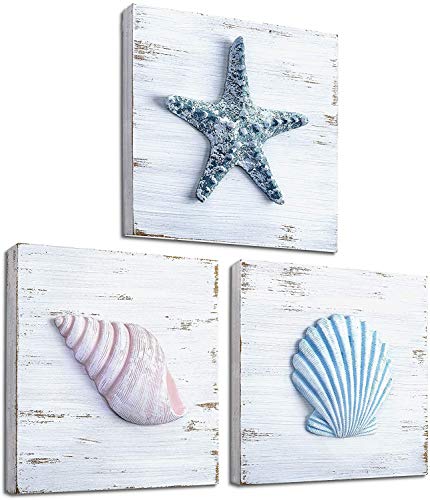 TideAndTales Beach Wall Decor 3D Seashell Art (6″x 6″) Hand Painted Rustic Shells and Starfish Beach Decorations for Home – Ocean Theme Coastal Bedroom or Beach Bathroom Decor (Set of 3)