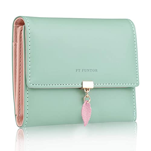 FT FUNTOR RFID Wallets for Women, Leaf Card Holder Trifold Ladies Wallets Coins Zipper Pocket with ID Window Green