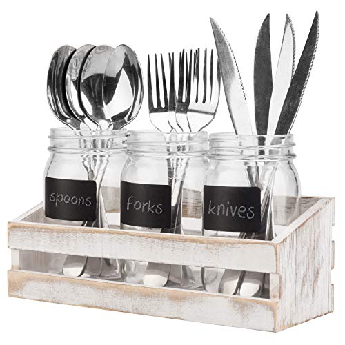 MyGift Whitewashed Wood Flatware Utensil Holder for Table, Casual Dining Flatware Holder for Countertop with 3 Mason Jars and Chalkboard Labels